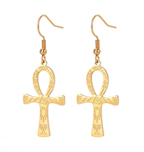 Ankh-Kreuz-Ohrringe für Damen und Herren, Edelstahl, altägyptisches Symbol, Götter des Ankh-Kreuzes, baumelnde Creolen, Charm-Amulett, Schmuck, Edelstahl, Kein Edelstein von UNIFT