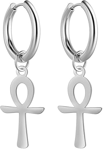 Ankh Kreuz Ohrringe für Frauen Männer Edelstahl alte ägyptische Symbol Götter Ankh Kreuz Dangle Hoop Ohrringe Charme Amulett Schmuck (Silber) von UNIFT