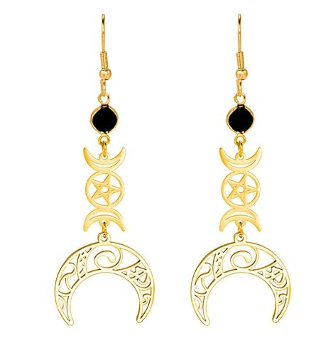 Dreifacher Mond Göttinnen-Ohrringe Für Frauen Mädchen Stahl Keltischer Knoten Mond Rune Schwarz Kristall Amulett Ohrhänger Wicca Schmuck (Gold) von UNIFT