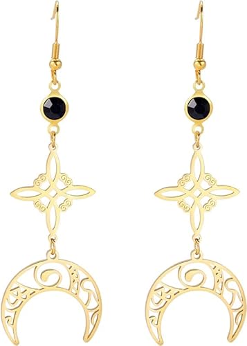 Dreifacher Mond Göttinnen-Ohrringe Für Frauen Mädchen Stahl Keltischer Knoten Mond Rune Schwarz Kristall Amulett Ohrhänger Wicca Schmuck (Gold 2) von UNIFT