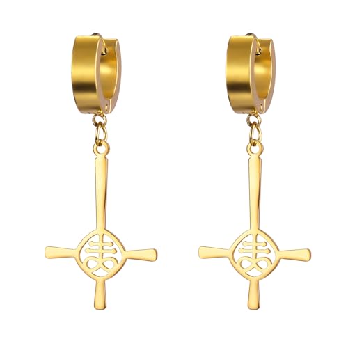 Satanic Leviathan Inverted Cross Ohrringe für Frauen Edelstahl Gothic Kirche des Satans Leviathan Cross Dangle Ohrring religiösen Amulett Schmuck (Gold 1) von UNIFT