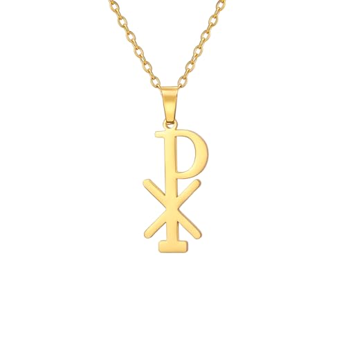 UNIFT Chi Rho Kreuz Christogramm Halskette für Frauen Männer Edelstahl Jesus Christus Name Alpha Omega Symbol Sacramental IXCI NIKA Anhänger Halskette Religiöser Schmuck Christliches Amulett (Gold) von UNIFT