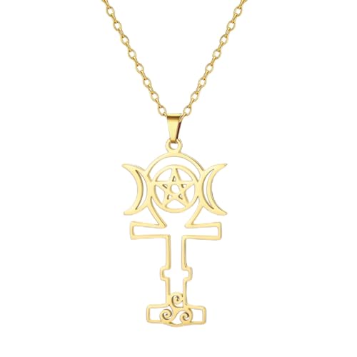 UNIFT Dreifach-Mondgöttin-Ankh-Kreuz-Halskette für Frauen Edelstahl-Anhänger-Halskette mit Dreifach-Mondgöttin Wicca-Pagan-Schmuck Amulett-Geschenke (Gold) von UNIFT