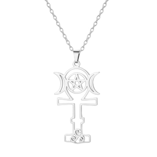 UNIFT Dreifach-Mondgöttin-Ankh-Kreuz-Halskette für Frauen Edelstahl-Anhänger-Halskette mit Dreifach-Mondgöttin Wicca-Pagan-Schmuck Amulett-Geschenke (Silber) von UNIFT