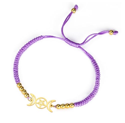 UNIFT Dreifache Mondgöttin Armband für Frauen Männer Edelstahl Wicca Symbol Pentagram Halbmond mit einer Perle Bunte Weben Verstellbare Armbänder Pagan Amulett Schmuck (Gold-P) von UNIFT
