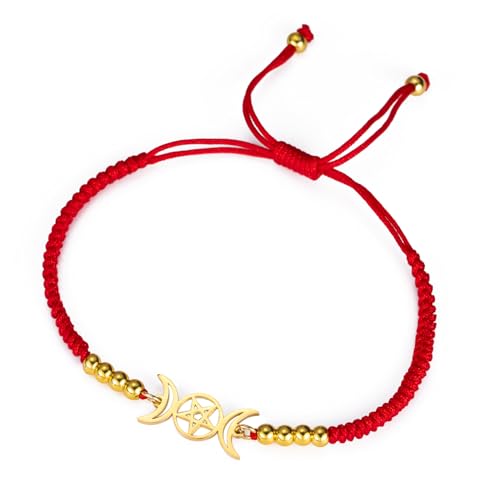 UNIFT Dreifache Mondgöttin Armband für Frauen Männer Edelstahl Wicca Symbol Pentagram Halbmond mit einer Perle Bunte Weben Verstellbare Armbänder Pagan Amulett Schmuck (Gold-R) von UNIFT