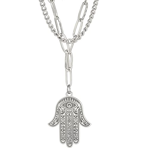 UNIFT Evil Eye Layered Halsketten Für Frauen Edelstahl Chic Fatima Hand Evil Eye Anhänger Doppelschicht Halskette zierlicher Amulett Schmuck (Silber) von UNIFT