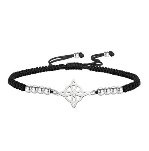 Hexenknoten Armband für Frauen Männer Edelstahl Magie Hexerei Hexenknoten mit einer Perle buntes Geflecht einstellbar Wiccan-Schmuck (Silber-B) von UNIFT