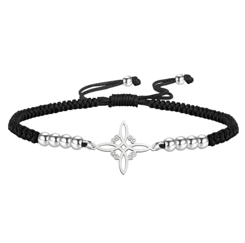 Hexenknoten Armband für Frauen Männer Edelstahl Magie Hexerei Hexenknoten mit einer Perle buntes Geflecht einstellbar Wiccan-Schmuck (Silber-B 1) von UNIFT