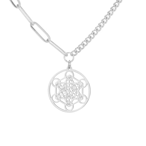 UNIFT Metatrons Würfel Anhänger Halskette für Männer Frauen Edelstahl Geometrischer Stil Hohle Siegel des Erzengels Halskette Spirituelle Heilung Talisman-Schmuck (Silber 5) von UNIFT