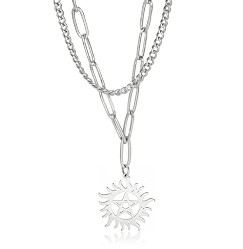 Pentagram Sonnenrad geschichtete Halskette für Frauen Männer Edelstahl zierlich Chic Sonne Sunburst Pentagram Anhänger Doppelschicht Halskette Schmuck Geschenk (Silber) von UNIFT