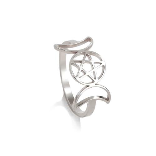 UNIFT Wicca Heiden Dreifacher Mond Gottheit Ring für Frauen Männer Edelstahl Gothic Stil Halbmond Stern Ring Amulett Schmuck (Silber, 8) von UNIFT