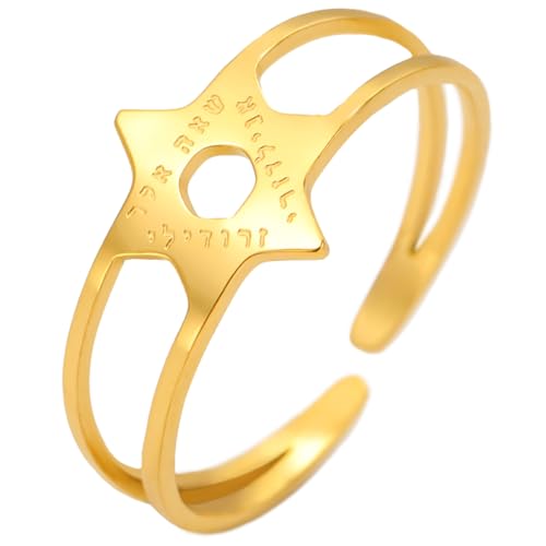 unift Davidstern Hebräischer Ring für Frauen Männer Edelstahl Hexagramm Einfaches Hebräischen Segen Chai Offene Ringe Schmuck Geschenke Chanukkah, Edelstahl, hummerfalle von UNIFT