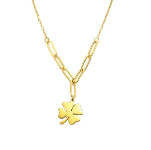 UNIFT Vierblättrige Kleeblatt-Halskette für Frauen Edelstahl einfach zierlich Glückssymbol vierblättrige Kleeblatt Anhänger Halskette Amulett Schmuck St Patricks Day Geschenke (Gold 1) von UNIFT