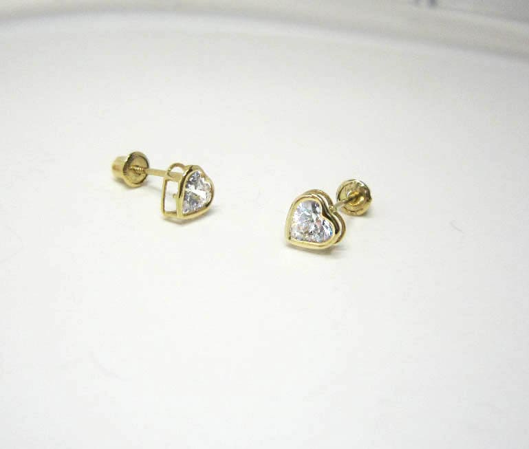 14K Solid Gelb Gold Cubic Zirconia Herz Baby Mädchen Kinder Screwback Ohrringe von UNIKearrings