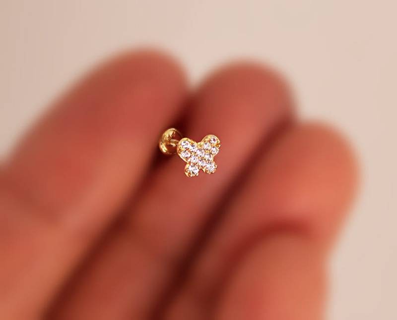 14K Solid Gelb Gold Zirkonia Schmetterling Baby Mädchen Kinder Screwback Ohrringe von UNIKearrings