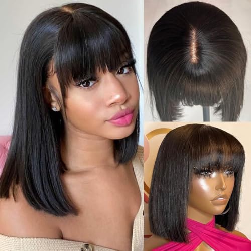 echthaar perücke 2x1 Lace Human Hair Wig, 16 Inch Straight Short Bob Wig with Bangs perücke damen echthaar Wear and Go Short Bob Wig 100% Brazilian Real Hair in Natural Black Colour von UNILO