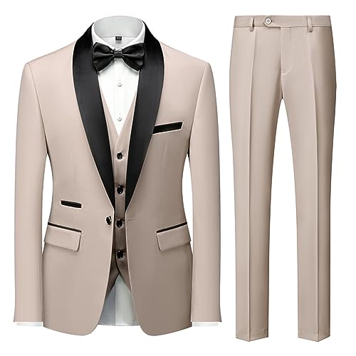 Herren 3 Stück Anzug Slim Fit Kleid Smoking Anzüge für Männer Einfarbig Hochzeit Klassische Smoking Set, Beige, M von UNINUKOO