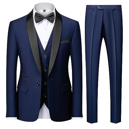 Herren 3 Stück Anzug Slim Fit Kleid Smoking Anzüge für Männer Einfarbig Hochzeit Klassische Smoking Set, Königsblau, XS von UNINUKOO