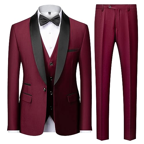 Herren 3 Stück Anzug Slim Fit Kleid Smoking Anzüge für Männer Einfarbig Hochzeit Klassische Smoking Set, Weinrot, XS von UNINUKOO