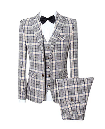 Herren Anzug Slim Fit 3-teilig Plaid Kariert Smoking Formale Business Hochzeit Anzüge für Männer, gelb, 50 von UNINUKOO