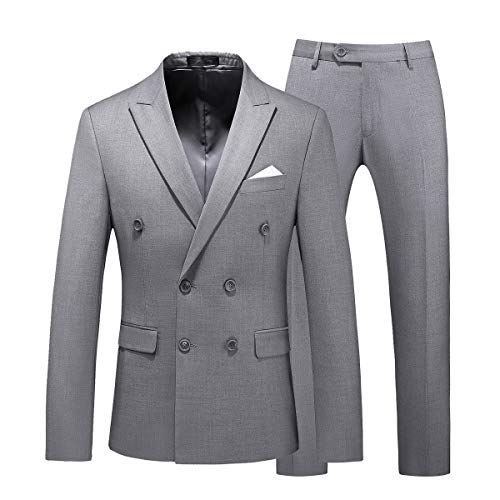 Men Suits 2 Piece Slim Fit Double-Breasted Casual Blazers Solid Peak Lapel Jacket Pants Sets Business Wedding Party US 32 (Label Size L) Grey von UNINUKOO