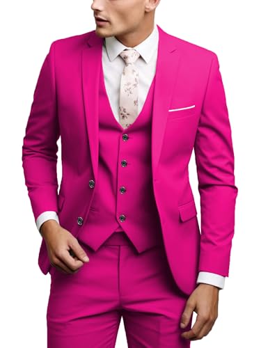 UNINUKOO Herren Anzüge Slim Fit Kleid 3 Stück 2 Knopf Hochzeit Formale Business Smoking Anzug Jacke Hose Weste Set, Pink, S von UNINUKOO