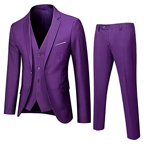 UNINUKOO Herren Anzüge Slim Fit Kleid 3 Stück 2 Knopf Hochzeit Formale Business Smoking Anzug Jacke Hose Weste Set, Violett, S von UNINUKOO