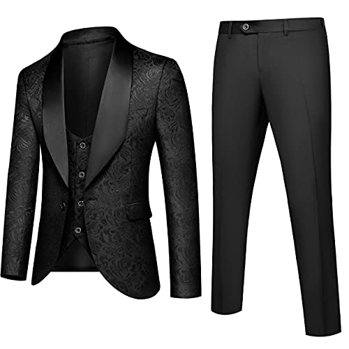 UNINUKOO Herren-Smokinganzug, 3-teilig, Jacquard-Tux-Anzug-Set, Schal, Revers für Hochzeit, Abschlussball, Anzug, Schwarz, M von UNINUKOO