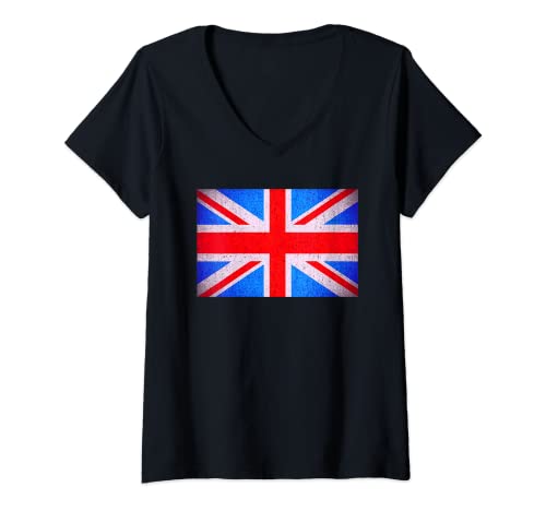 Damen Einfache Vintage-Flagge mit Union Jack T-Shirt mit V-Ausschnitt von UNION JACK BRITISH UK FLAG