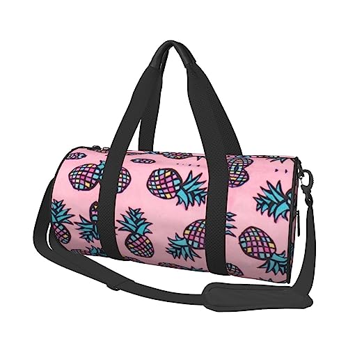 Farbige Ananas-bedruckte runde Seesack, leichte Reisetasche für Herren und Damen, Schwarz , Einheitsgröße von UNIOND