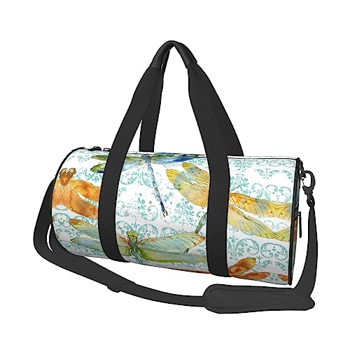 Handbemalte Libelle bedruckte runde Seesack, leichte Reise-Sporttasche für Männer und Frauen, schwarz, Einheitsgröße, Schwarz , Einheitsgröße von UNIOND