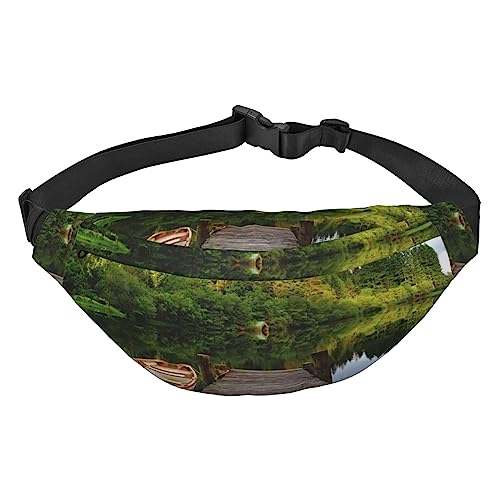 Lake with Boat Printed Fanny Pack Adjustable Strap Belt Bag Casual Waist Bag for Sports Travel Party, Black, One Size, Schwarz , Einheitsgröße von UNIOND