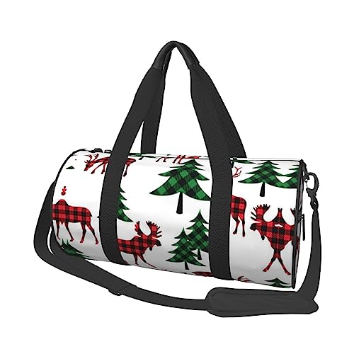 Runde Seesack mit Weihnachtsbaum und Rentier, bedruckt, leicht, Reisetasche, Sporttasche für Männer und Frauen, Schwarz , Einheitsgröße von UNIOND