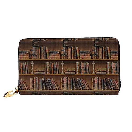 UNIOND Bibliothek Bücherregal Buch Gedruckt Reißverschluss Rund Brieftasche Damen Leder Lange Geldbörse Kreditkartenhalter für Shopping Büro Reisen, Schwarz , Einheitsgröße von UNIOND