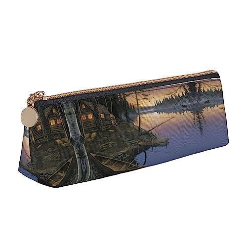 UNIOND Canoe by the water Bedrucktes Dreieck Federmäppchen Leder Große Kapazität Bleistift Tasche Tragbare Stifttasche für Büro Arbeit Reisen, weiß, Einheitsgröße, Federmäppchen aus Leder von UNIOND