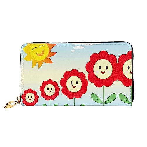 UNIOND Cartoon rote Sonnenblume Sonne gedruckt Reißverschluss um Brieftasche Damen Leder Lange Geldbörse Kreditkartenhalter für Shopping Büro Reisen, Schwarz , Einheitsgröße von UNIOND