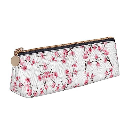 UNIOND Cherry Blossom Printed Triangle Pencil Case Leather Large Capacity Pencil Pouch Portable Pen Bag for Office Work Travel, weiß, Einheitsgröße, Federmäppchen aus Leder von UNIOND