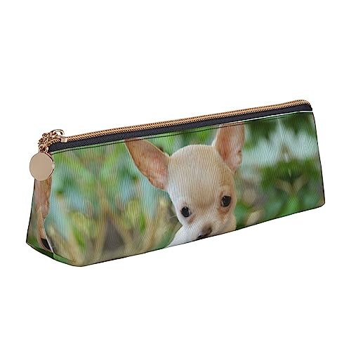 UNIOND Chihuahua Hund Gedruckt Dreieck Bleistift Fall Leder Große Kapazität Bleistift Tasche Tragbare Stifttasche für Büro Arbeit Reisen, weiß, Einheitsgröße, Federmäppchen aus Leder von UNIOND