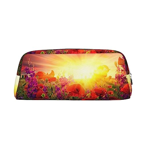 UNIOND Federmäppchen mit Sonnenaufgang, rote Blumen, bedruckt, tragbar, Leder, wasserdicht, Reise-Make-up-Tasche für Arbeit, Büro, Urlaub, silber, Einheitsgröße, Federmäppchen von UNIOND