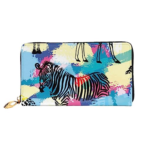 UNIOND Giraffe und Zebra Printed Zip Around Wallet Damen Leder Lange Geldbörse Kreditkartenetui für Shopping Büro Reisen, Schwarz , Einheitsgröße von UNIOND