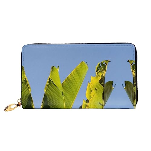 UNIOND Green Leaves Printed Zip Around Wallet Damen Leder Lange Geldbörse Kreditkartenhalter für Shopping Büro Reisen, Schwarz , Einheitsgröße von UNIOND