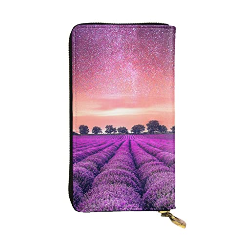 UNIOND Lavender Fields bedruckte Damen-Geldbörse aus Leder, mit Reißverschluss, lange Geldbörse, Kreditkartenetui für Büro, Einkaufen, Reisen, Schwarz, Einheitsgröße von UNIOND