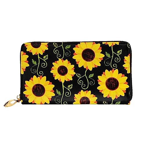 UNIOND Nette Sonnenblume Gedruckt Reißverschluss Rund Brieftasche Damen Leder Lange Geldbörse Kreditkartenhalter für Shopping Büro Reisen, Schwarz , Einheitsgröße von UNIOND