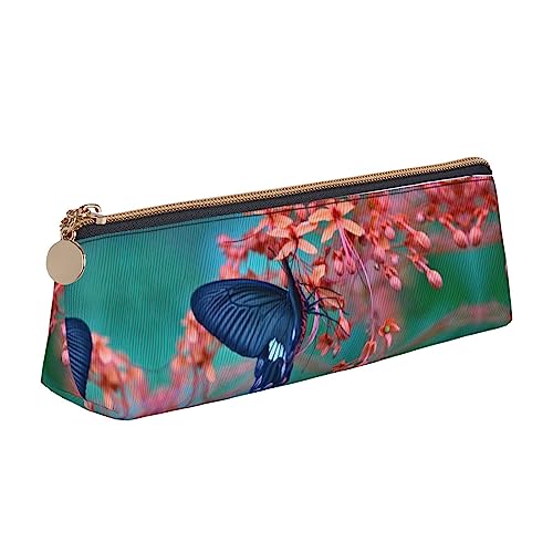 UNIOND Schmetterling Blume Gedruckt Dreieck Bleistift Fall Leder Große Kapazität Bleistift Tasche Tragbare Stift Tasche für Büro Arbeit Reisen, weiß, Einheitsgröße, Federmäppchen aus Leder von UNIOND