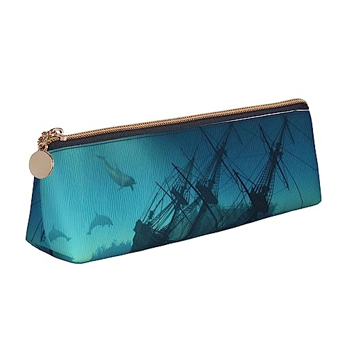 UNIOND Underwater Sunken Ship Printed Leather Triangle Pencil Case Multifunction Portable Pencil Pouch for Office Work Travel, weiß, Einheitsgröße, Federmäppchen von UNIOND