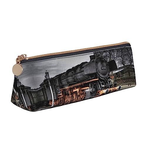 UNIOND Vintage Train Printed Triangle Pencil Case Leather Large Capacity Pencil Pouch Portable Pen Bag for Office Work Travel, weiß, Einheitsgröße, Federmäppchen aus Leder von UNIOND