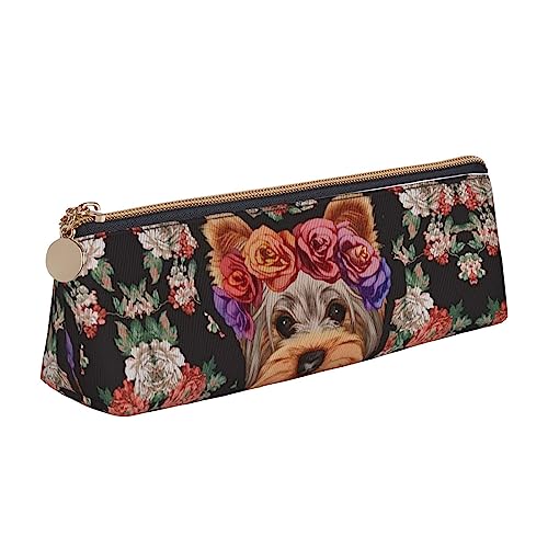 UNIOND Yorkie Floral Printed Triangle Pencil Case Leather Large Capacity Pencil Pouch Portable Pen Bag for Office Work Travel, weiß, Einheitsgröße, Federmäppchen aus Leder von UNIOND