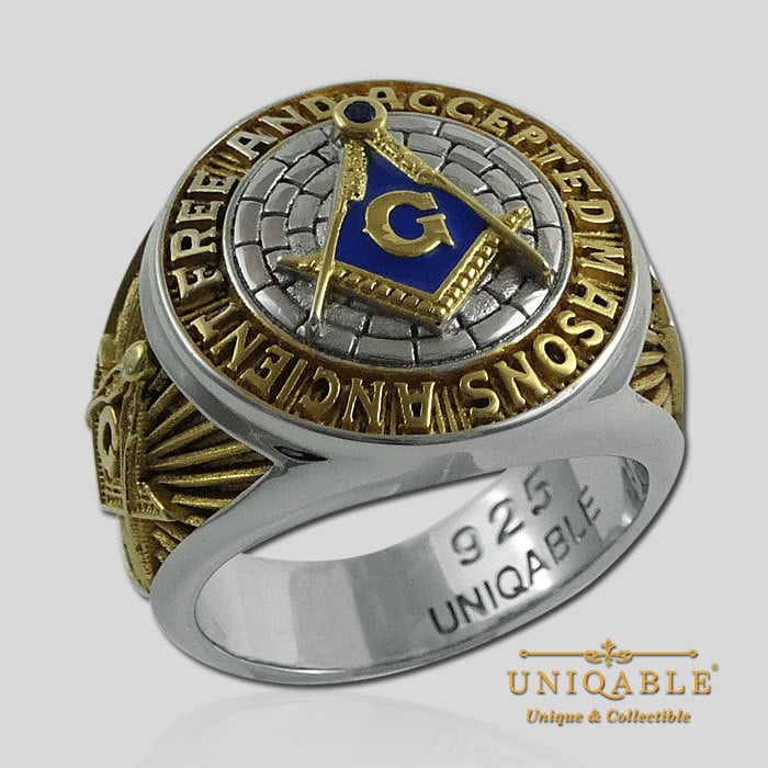 Unikat A.f.a.m. Freimaurer Ring - 925 Sterling Silber, 18K Weiß- Und Gelbgold Plattiert Symbol Handgemachter Schwerer von UNIQABLEart