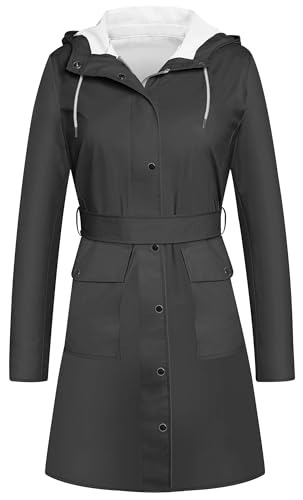 UNIQUEBELLA Damen Trenchcoat Langer Mantel Winddichter Jacke Einfarbig Kapuzenjacke Damenmantel Windjacke Übergangsmantel mit Taschen mit Knöpfen von UNIQUEBELLA